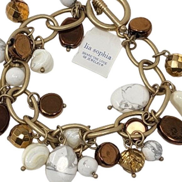 Lia Sophia Chain Link Bracelet 7" -Genuine Howlite, Mother-of-Pearl, Glass Beads - Picture 4 of 10